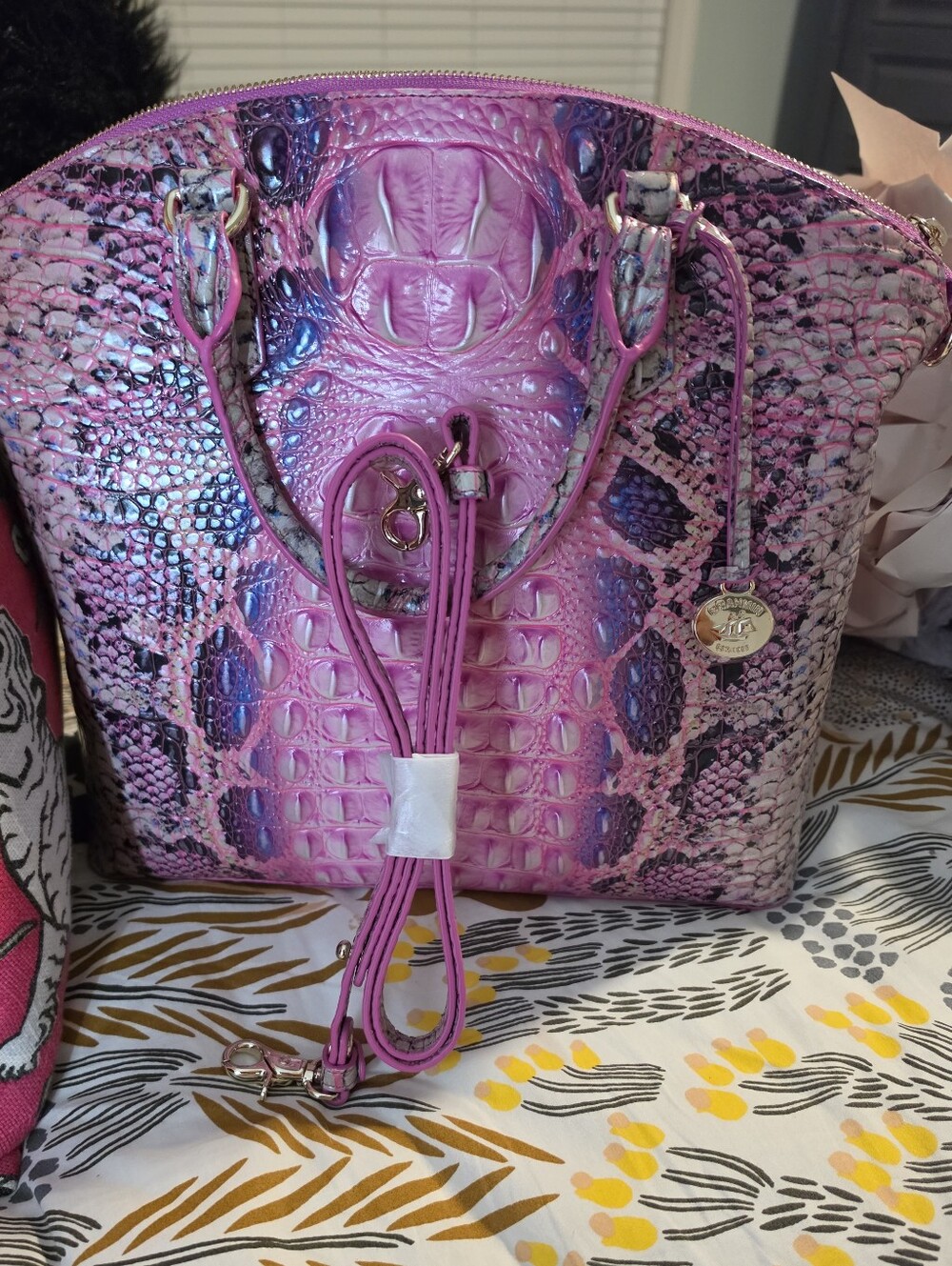 New Brahmin Pink Snake-Embossed Satchel with Purple Accents - Picture 7 of 13